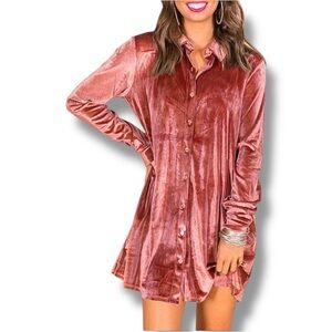 Rose/Mauve Velvet Long Sleeve Button Down Collared Mini Shirt Dress